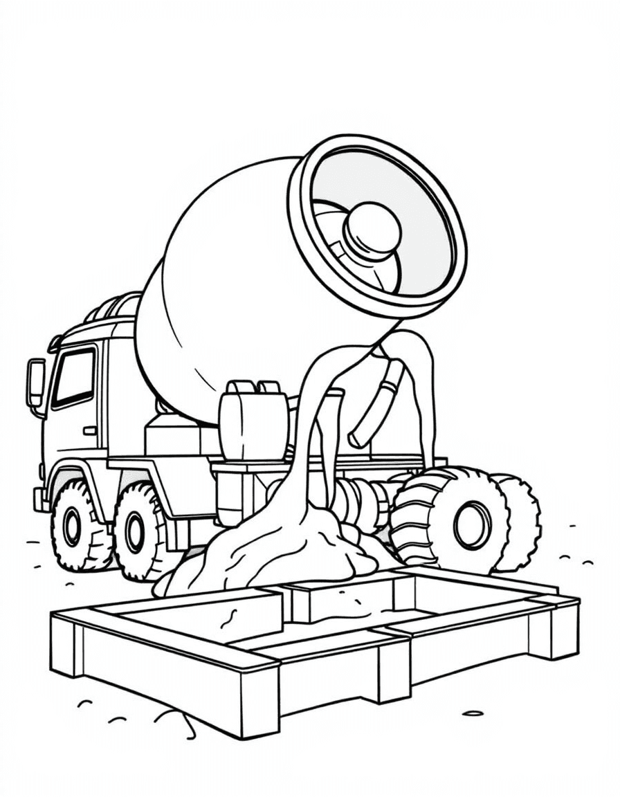 Coloriage Chantier - Camion toupie déversant du béton frais par sa goulotte dans les fondations d'un bâtiment, dessin simple.