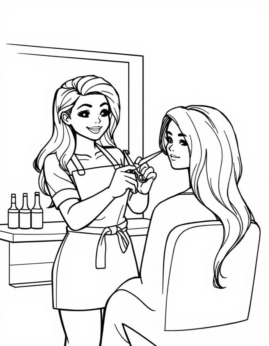 Coloriage Coiffeur - Coiffeur souriant en tablier coupant les cheveux d'un client avec ciseaux et peigne devant le miroir, contours nets.