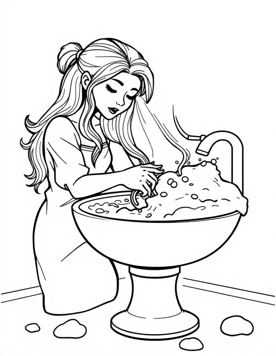Coloriage Coiffeur - Coiffeuse lavant les cheveux d'une cliente au bac avec un shampooing moussant tout doux, traits nets sans ombrage.
