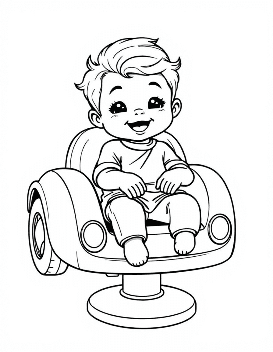 Coloriage Coiffeur - Petit enfant souriant assis dans un fauteuil de coiffeur en forme de voiture rouge pour sa coupe, dessin simple.