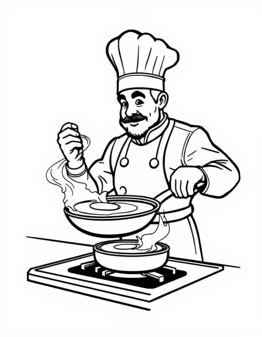 Coloriage Cuisinier - Chef cuisinier en toque et tablier faisant sauter une crêpe bien haut dans sa poêle au-dessus du feu, contours nets.