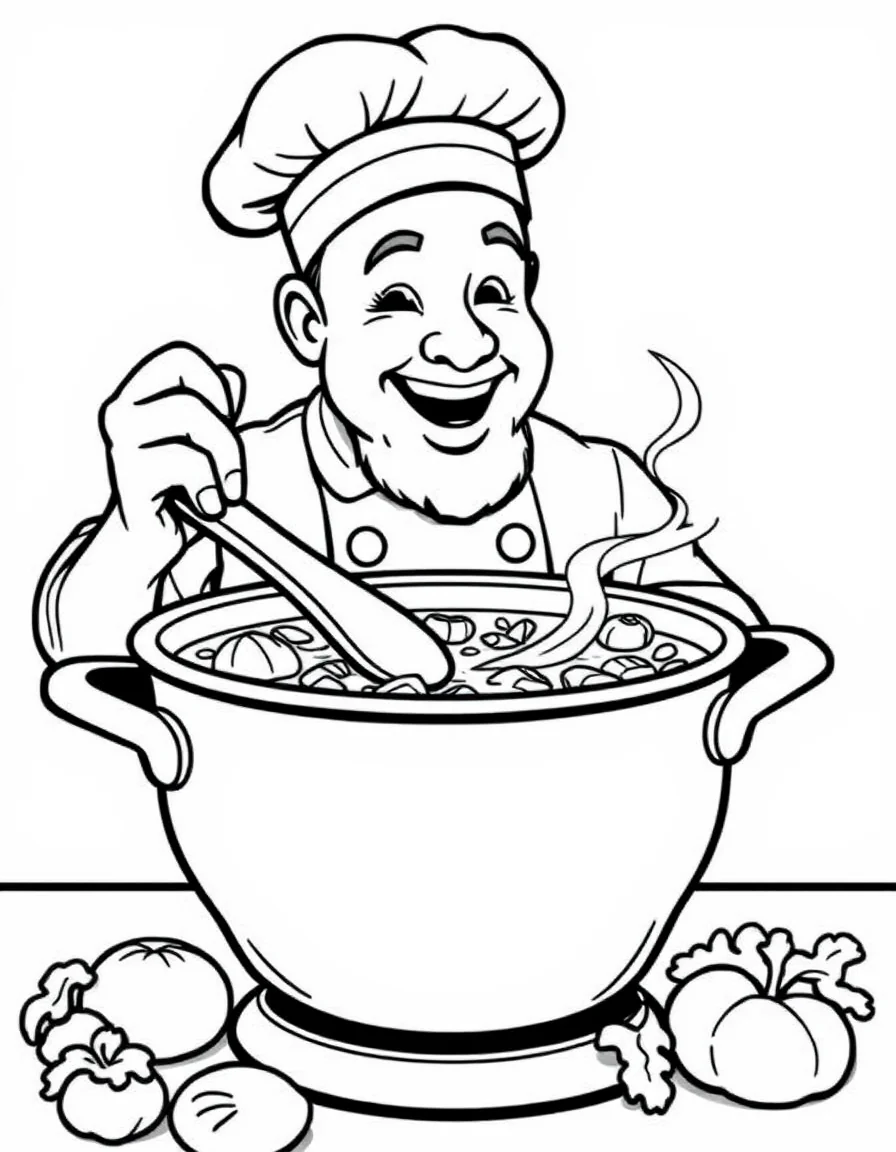 Coloriage Cuisinier - Chef cuisinier remuant une marmite de soupe de légumes fumante avec une cuillère en bois en goûtant, traits nets.