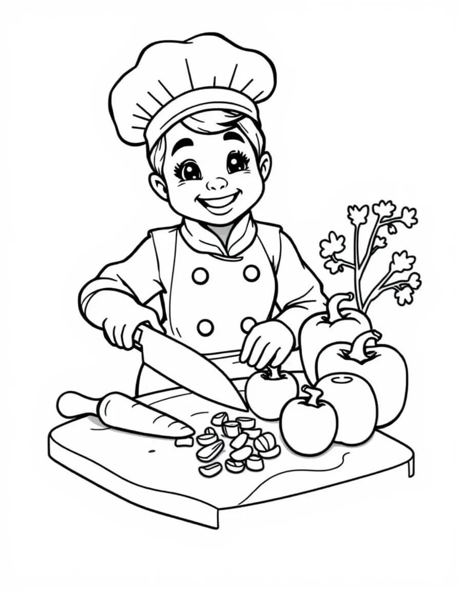 Coloriage Cuisinier - Cuisinier découpant des carottes, tomates et poivrons frais sur une planche à découper en bois, dessin simple.