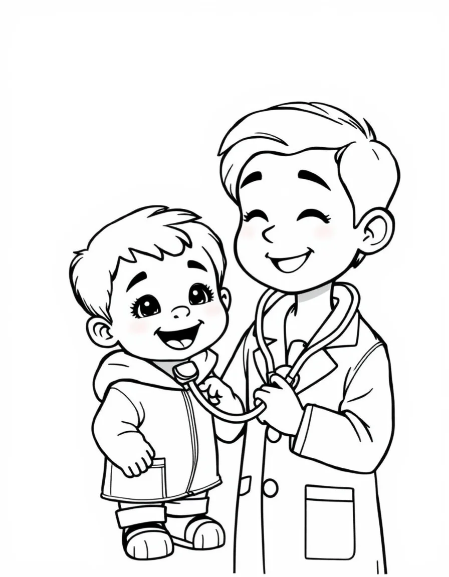 Coloriage Docteur médecin - Médecin bienveillant en blouse blanche écoutant les battements de cœur d'un enfant avec son stéthoscope, contours nets.