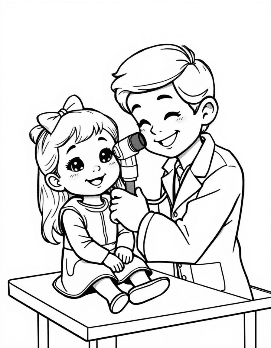 Coloriage Docteur médecin - Docteur examinant l'oreille d'une petite fille avec un otoscope sur la table de consultation, traits nets sans ombrage.