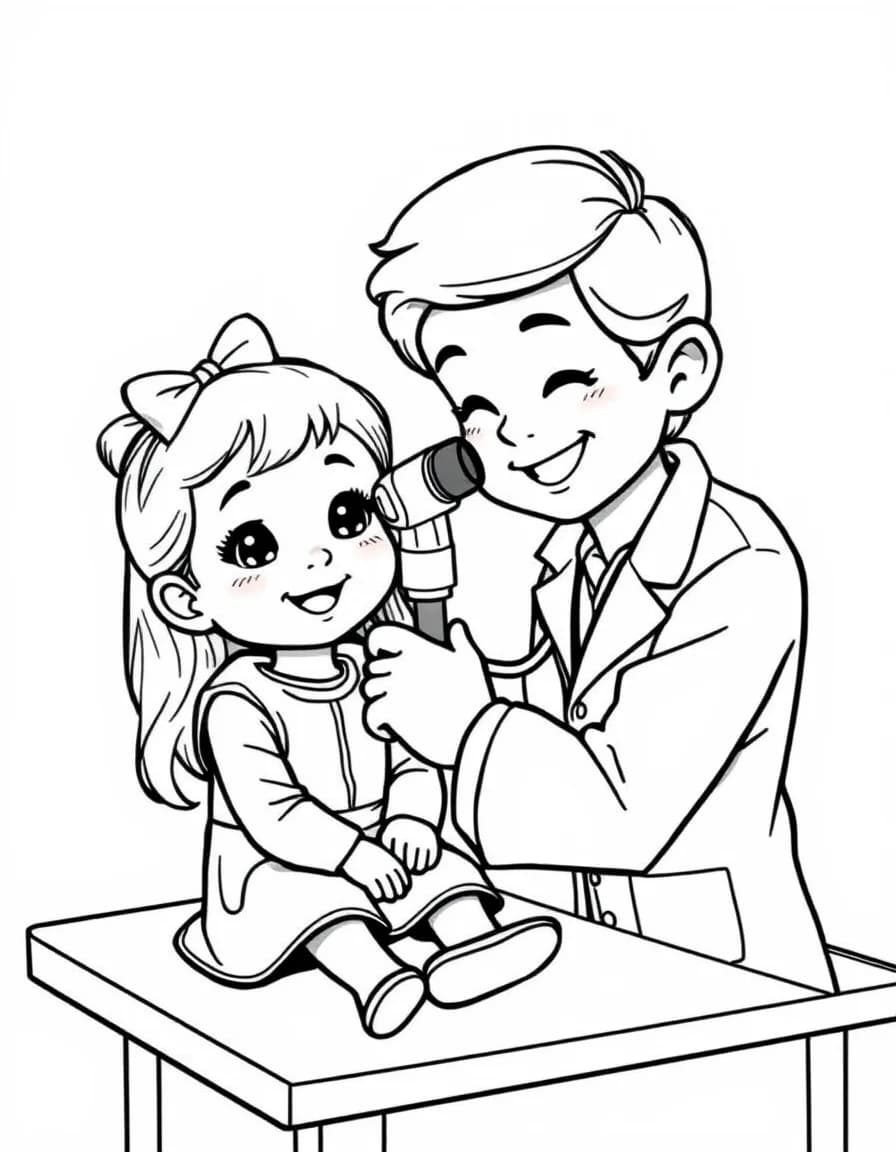 Coloriage Docteur médecin - Docteur examinant l'oreille d'une petite fille avec un otoscope sur la table de consultation, traits nets sans ombrage.