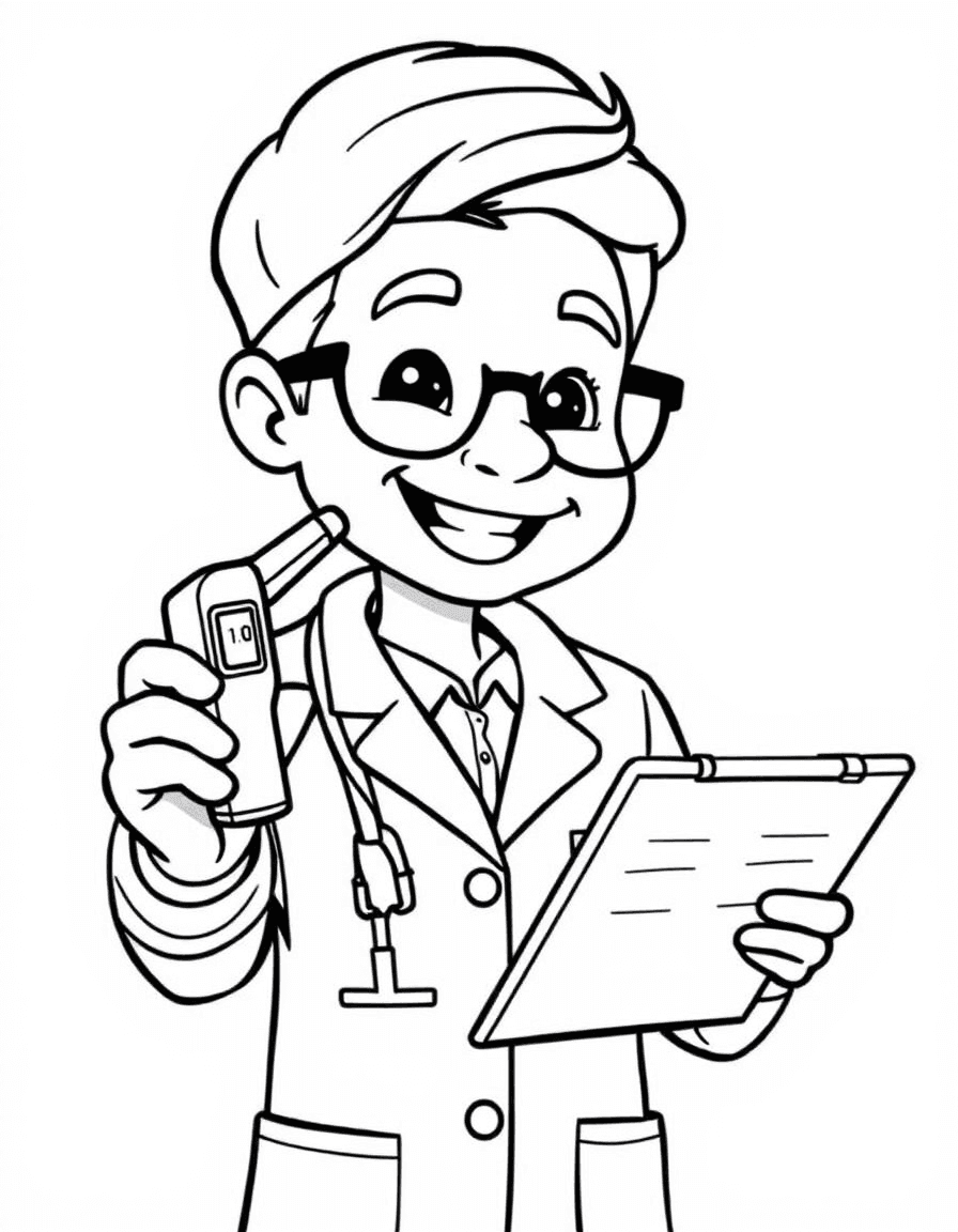 Coloriage Docteur médecin - Médecin vérifiant la température avec un thermomètre et tenant un carnet de santé, dessin simple.