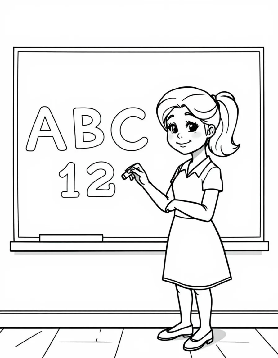 Coloriage Enseignant - Enseignant bienveillant écrivant l'alphabet et des chiffres à la craie sur le tableau noir de la classe, contours nets.