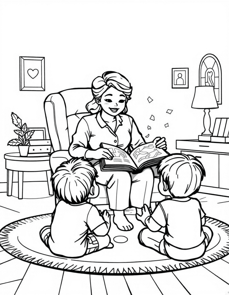 Coloriage Enseignant - Maîtresse assise dans un fauteuil lisant un beau livre d'histoires aux élèves assis sur le tapis, traits nets.