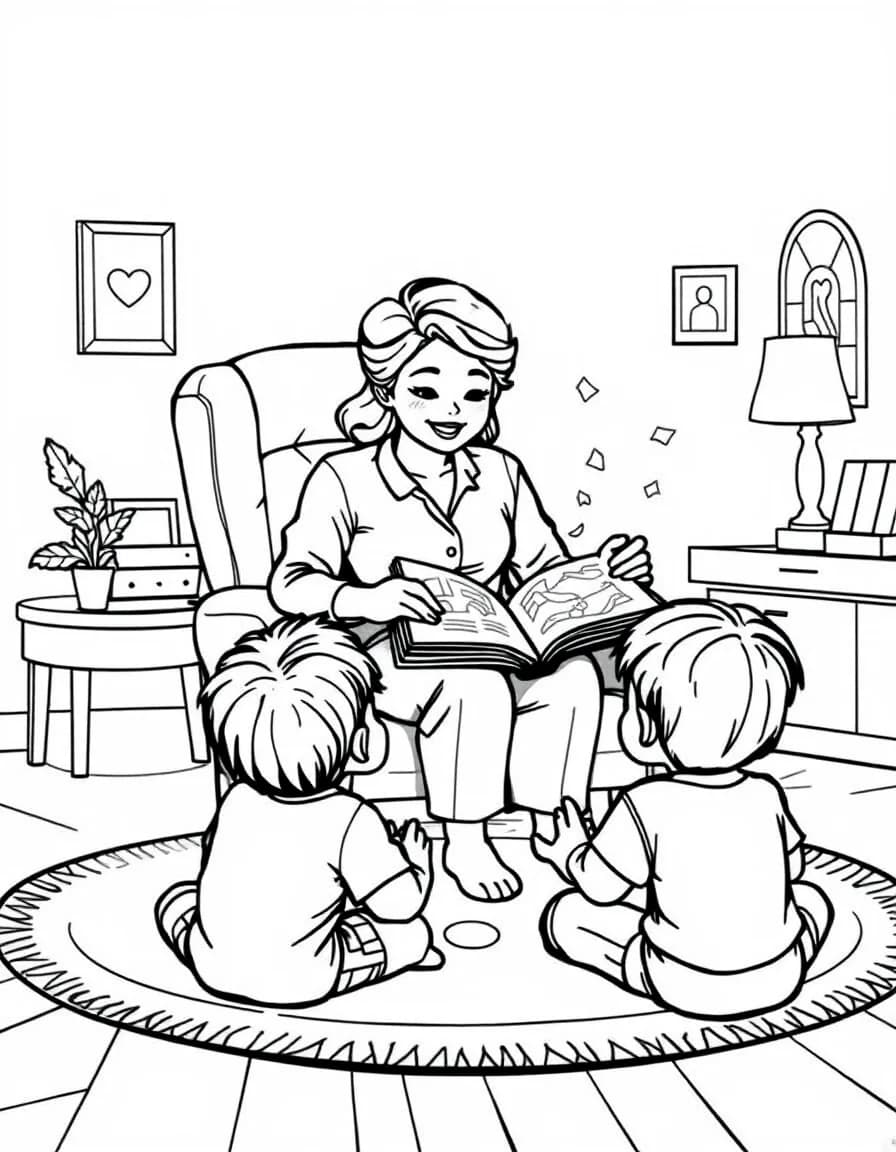 Coloriage Enseignant - Maîtresse assise dans un fauteuil lisant un beau livre d'histoires aux élèves assis sur le tapis, traits nets.