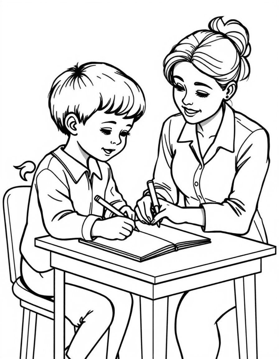 Coloriage Enseignant - Enseignant aidant avec douceur un élève à tracer ses lettres dans son cahier d'école, dessin simple.
