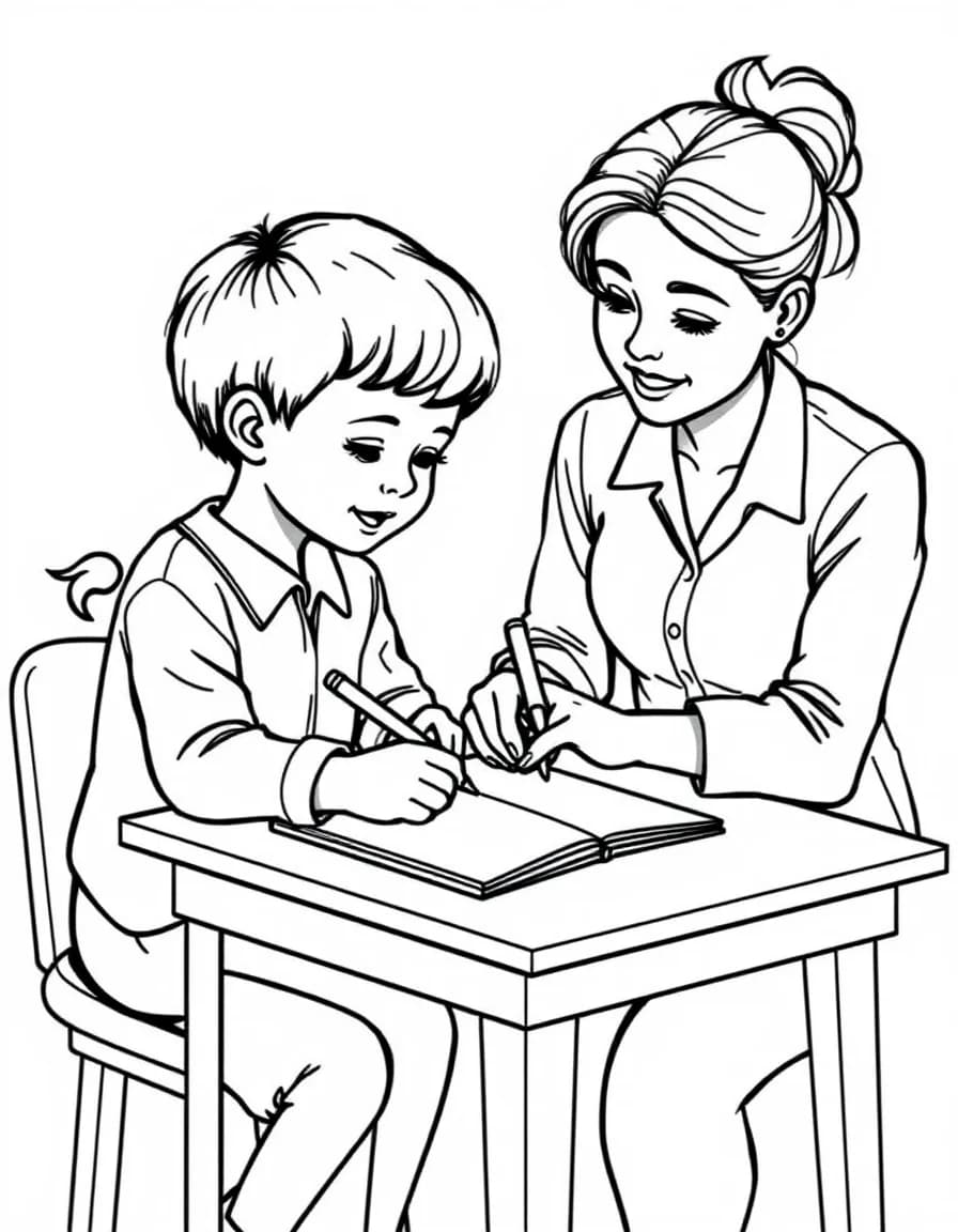 Coloriage Enseignant - Enseignant aidant avec douceur un élève à tracer ses lettres dans son cahier d'école, dessin simple.