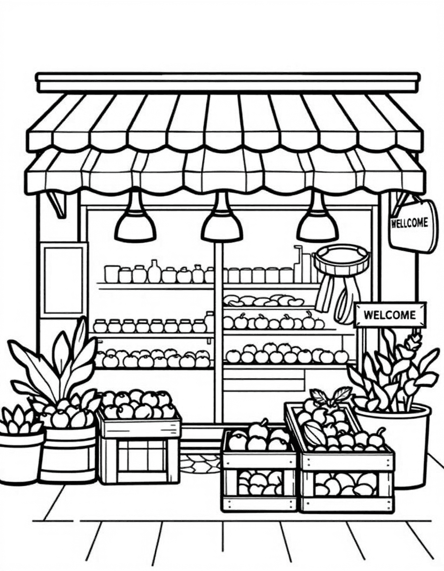 Coloriage Épicerie - Charmante devanture d'épicerie de quartier avec auvent rayé et cagettes de fruits frais bien alignées, contours nets.