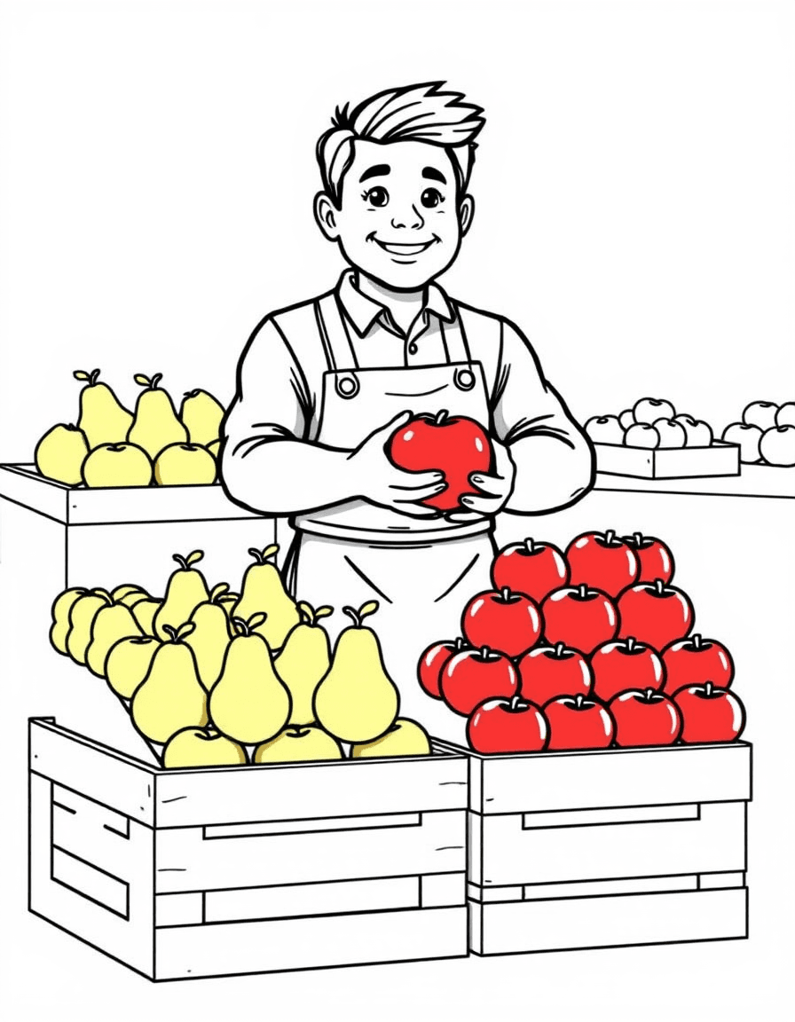 Coloriage Épicerie - Épicier en tablier empilant de belles pommes et poires en pyramides dans des cagettes de bois, traits nets.
