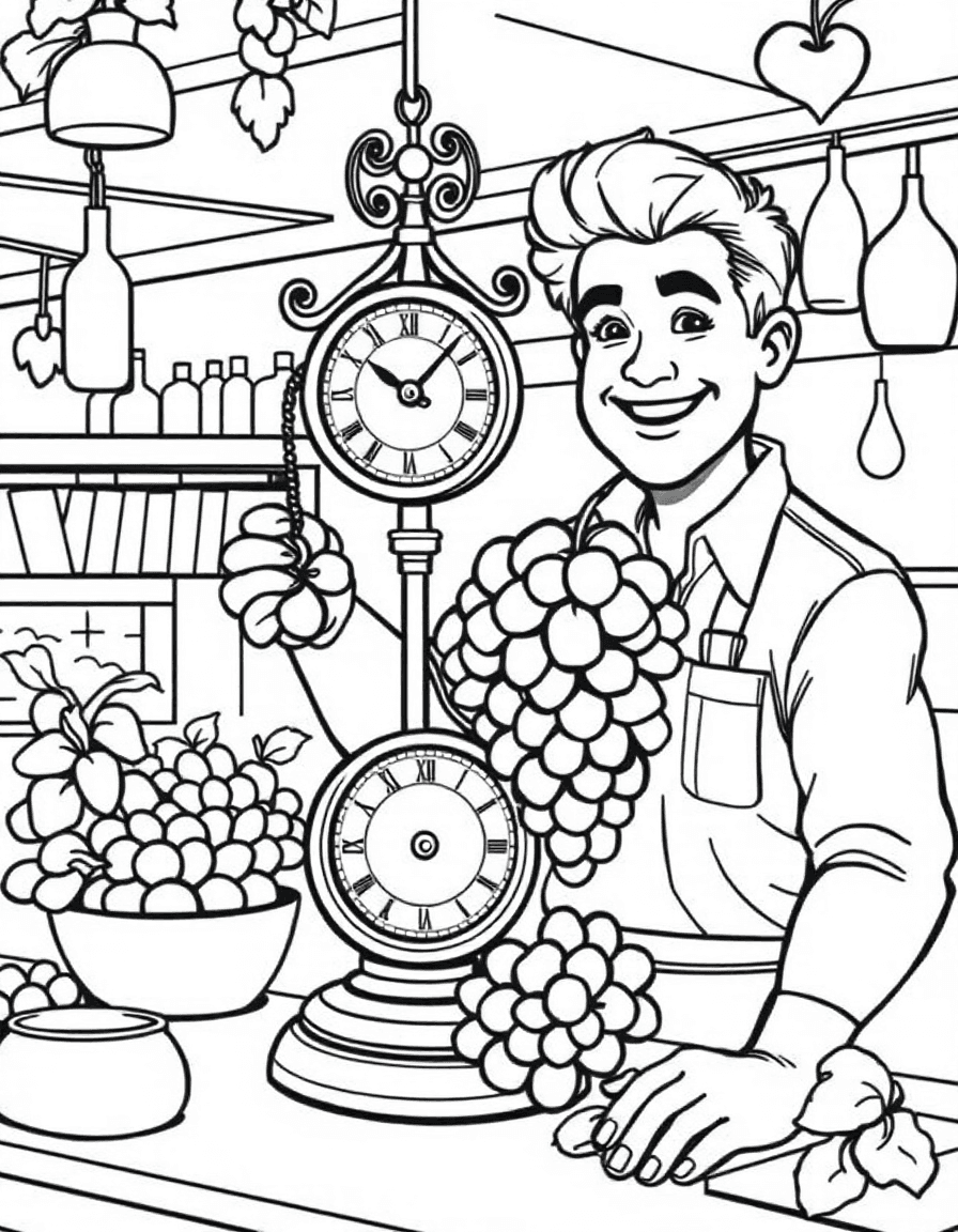 Coloriage Épicerie - Épicier pesant une grappe de raisin sur une balance à cadran suspendue devant un client souriant, dessin simple.