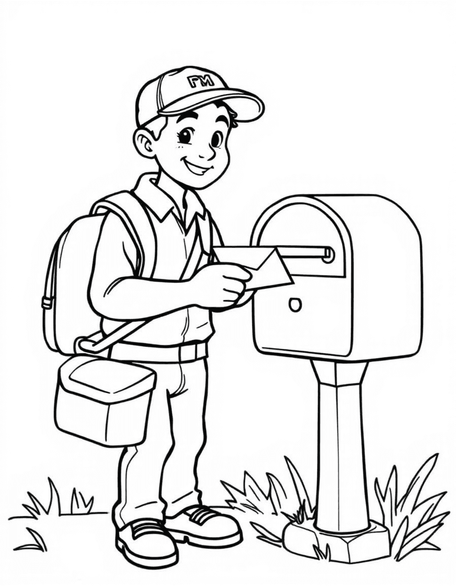 Coloriage Facteur - Facteur souriant avec sacoche en bandoulière glissant une lettre dans une boîte aux lettres de jardin, contours nets.