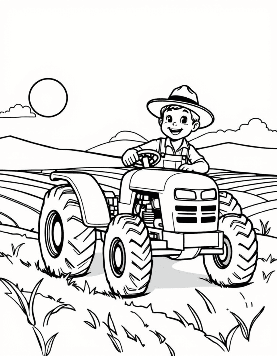 Coloriage Fermier - Fermier souriant en salopette et chapeau de paille conduisant un grand tracteur dans les champs, contours nets.