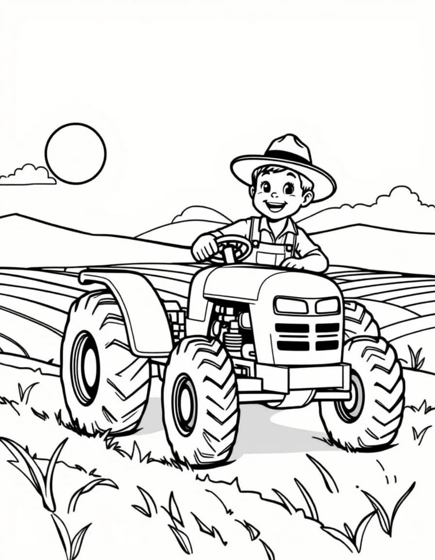 Coloriage Fermier - Fermier souriant en salopette et chapeau de paille conduisant un grand tracteur dans les champs, contours nets.