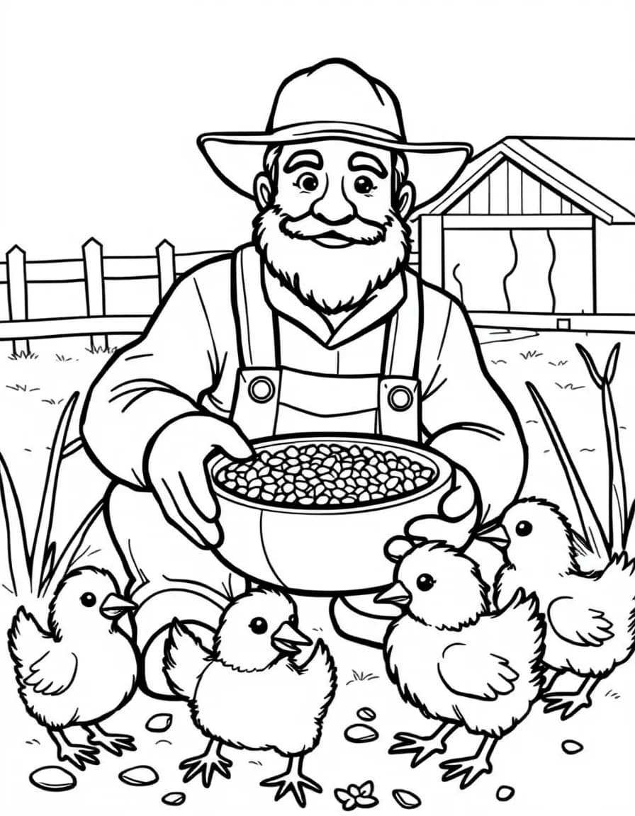 Coloriage Fermier - Fermier donnant du grain à des poules et poussins dans la cour de la ferme, traits nets sans ombrage.