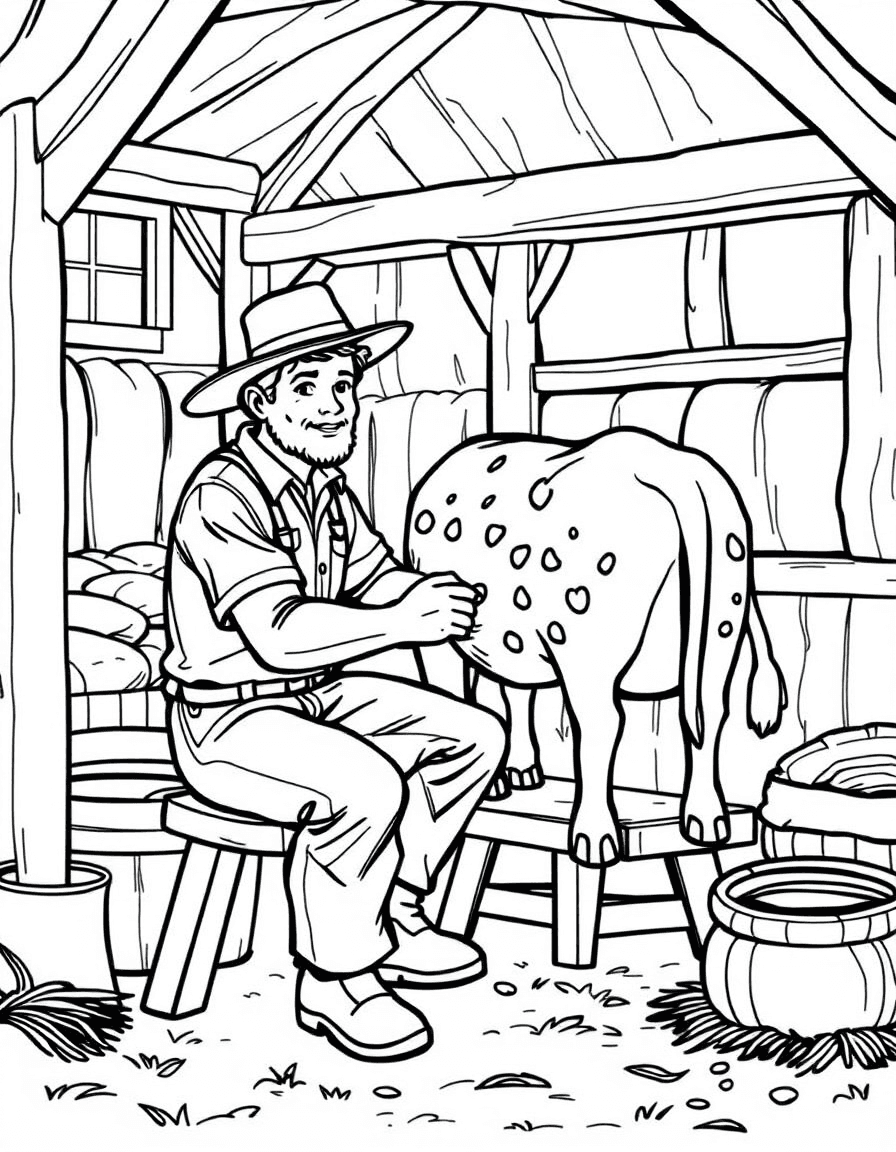 Coloriage Fermier - Fermier trayant une vache tachetée assis sur un tabouret de bois dans l'étable avec des bottes de foin, dessin simple.