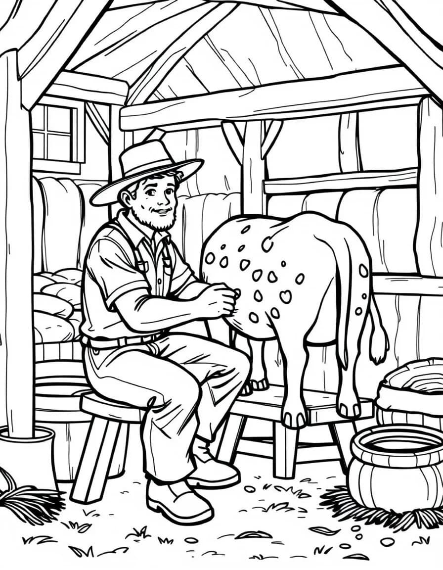 Coloriage Fermier - Fermier trayant une vache tachetée assis sur un tabouret de bois dans l'étable avec des bottes de foin, dessin simple.