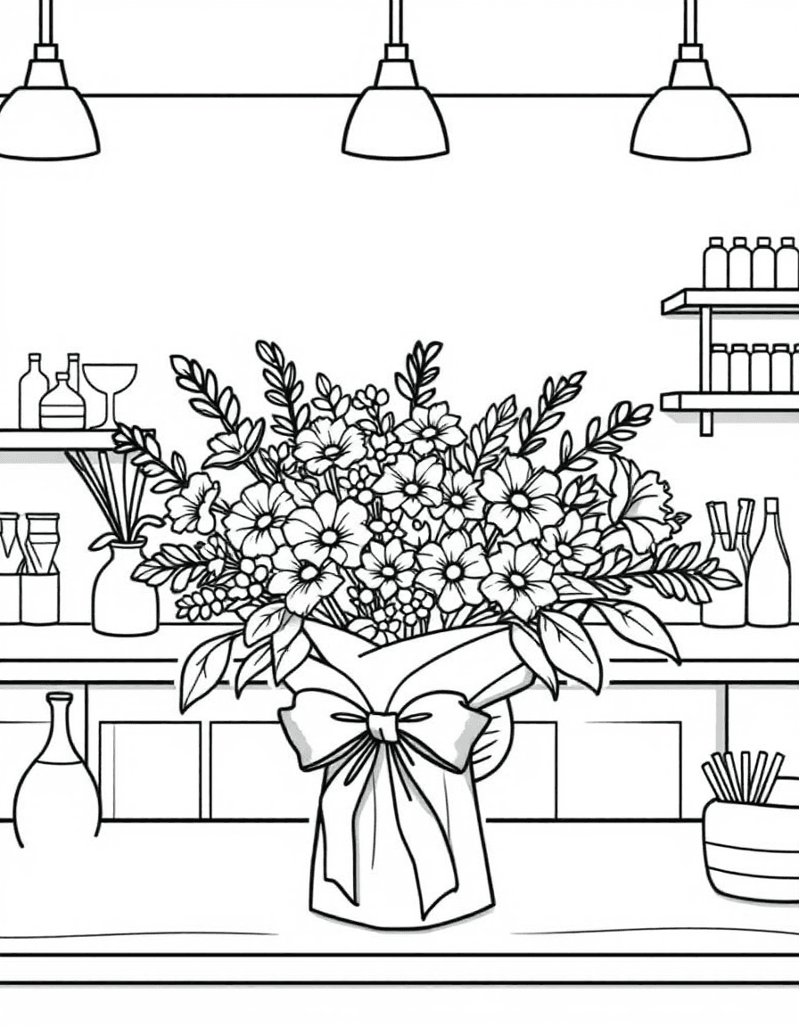Coloriage Fleuriste - Fleuriste emballant un bouquet dans du papier kraft orné d'un joli ruban de satin sur le comptoir, traits nets.