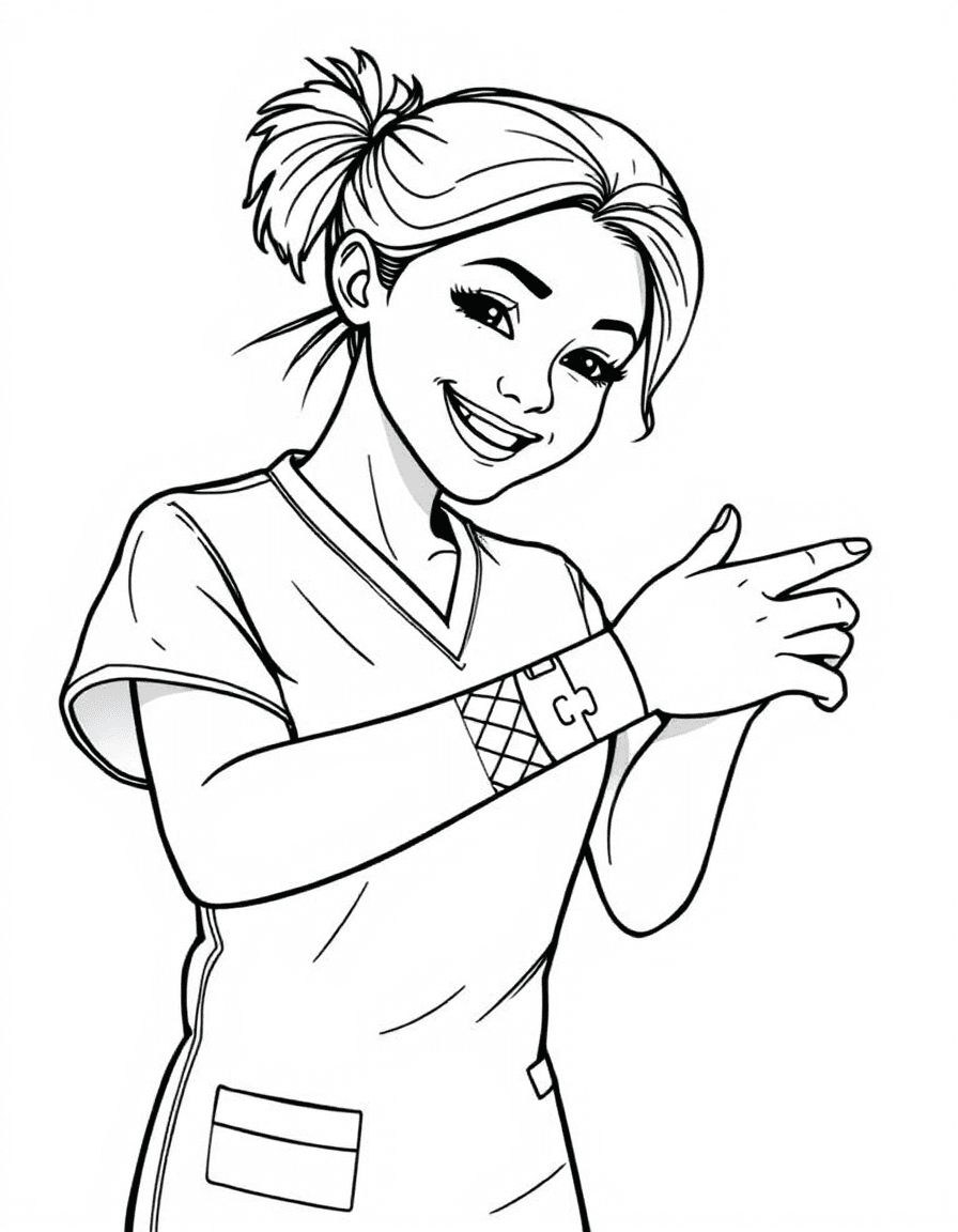 Coloriage Infirmière - Infirmière bienveillante en blouse posant doucement un joli pansement coloré sur le coude d'un enfant, contours nets.