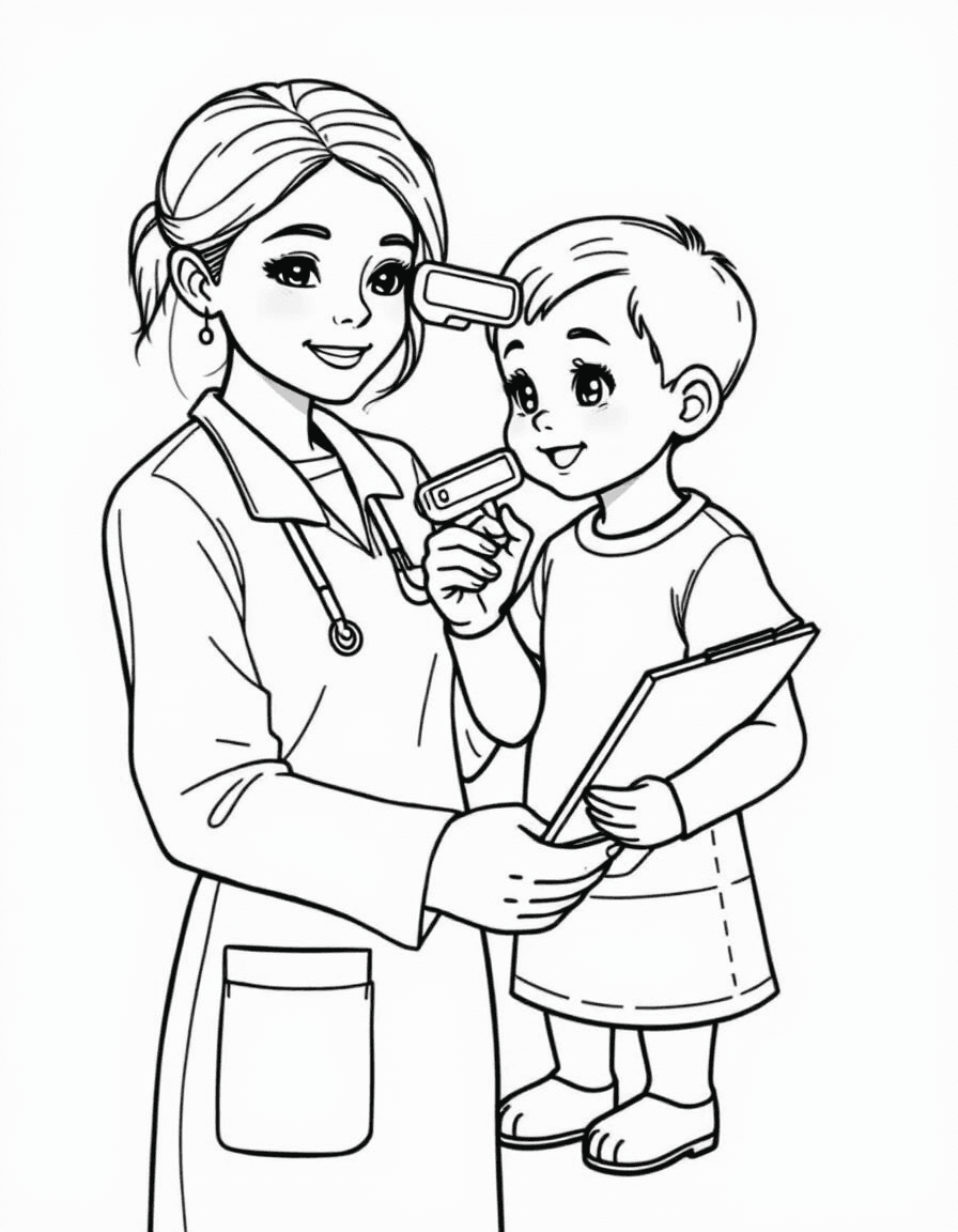Coloriage Infirmière - Infirmière mesurant la température avec un thermomètre sans contact en tenant son dossier de soins, traits nets.