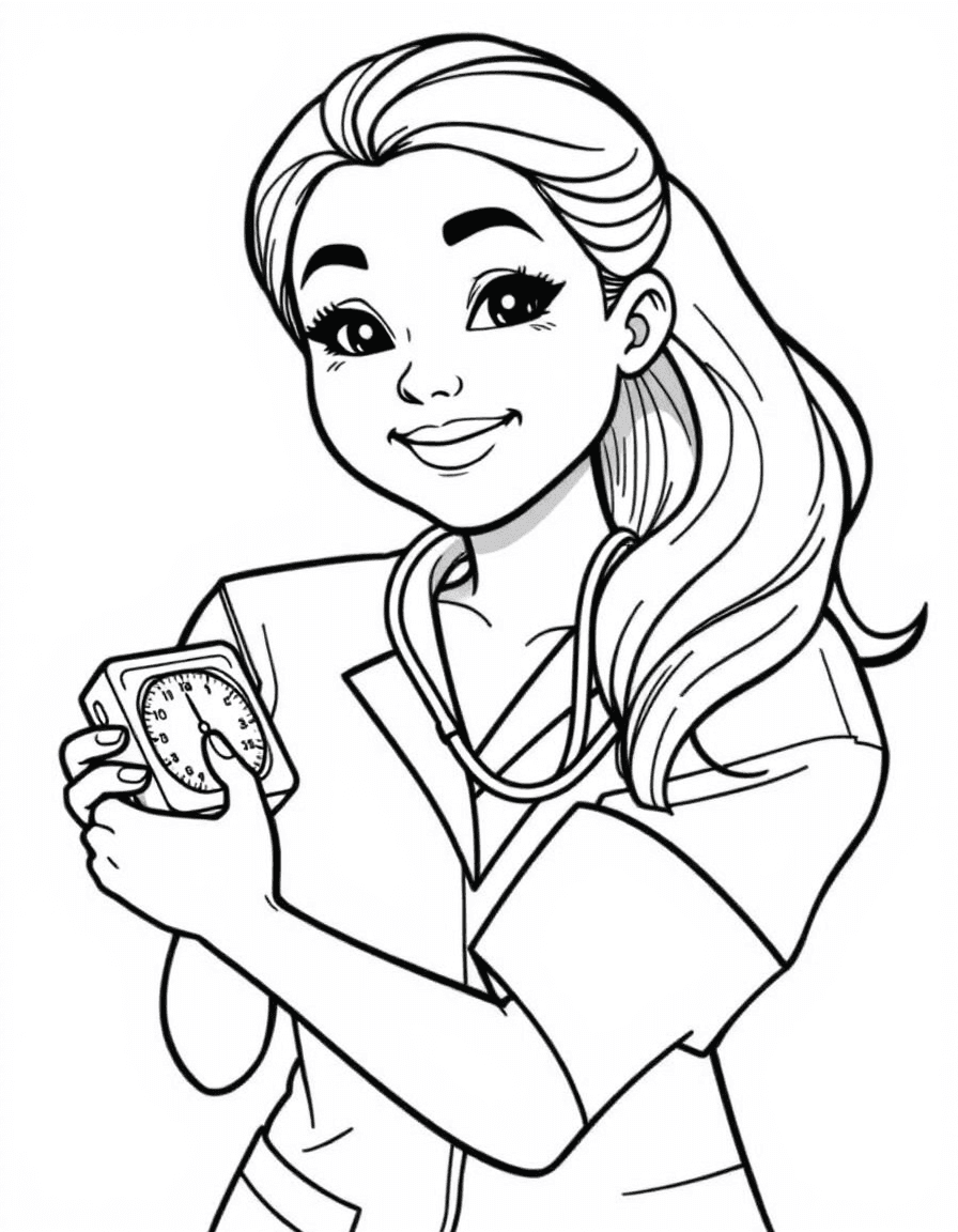 Coloriage Infirmière - Infirmière prenant la tension avec un brassard gonflable et un stéthoscope avec un sourire rassurant, dessin simple.
