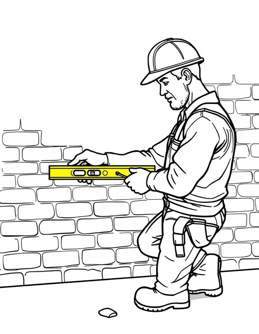 Coloriage Maçon - Maçon vérifiant l'aplomb d'un mur de briques avec son grand niveau à bulle jaune et un cordeau, traits nets.