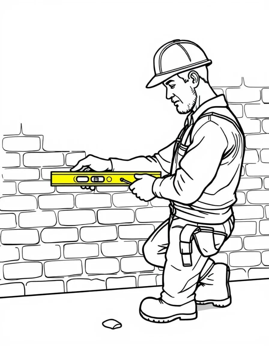 Coloriage Maçon - Maçon vérifiant l'aplomb d'un mur de briques avec son grand niveau à bulle jaune et un cordeau, traits nets.