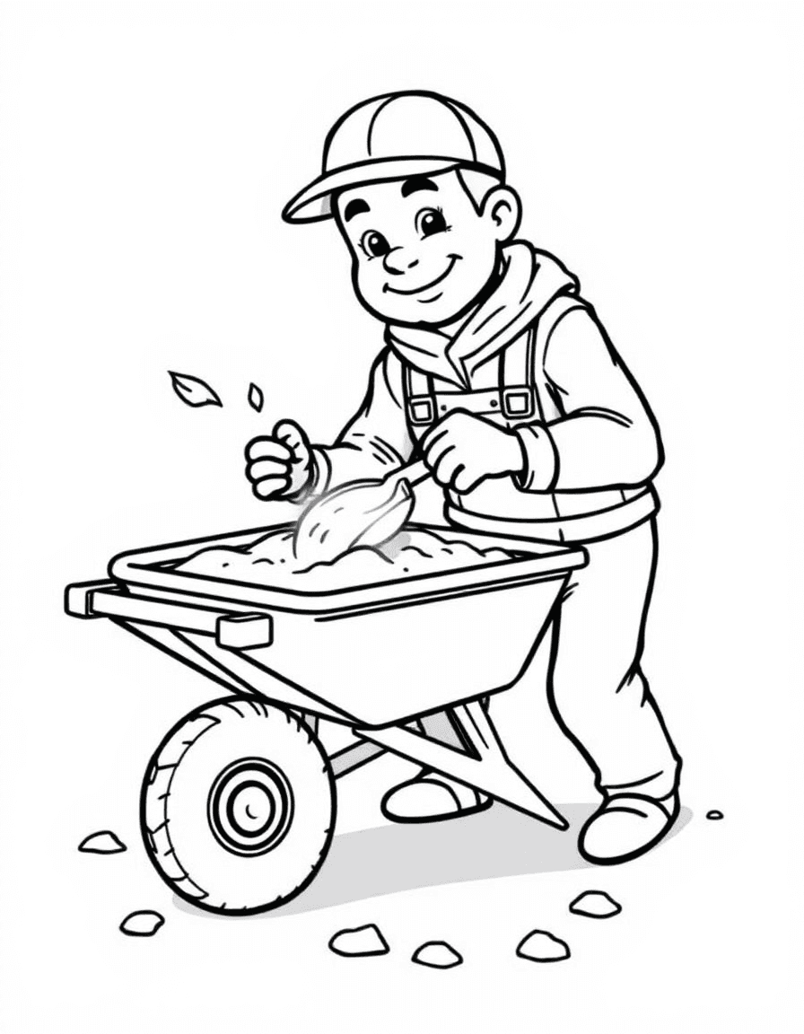Coloriage Maçon - Maçon mélangeant le ciment, le sable et l'eau avec une pelle dans une brouette de chantier, dessin simple.
