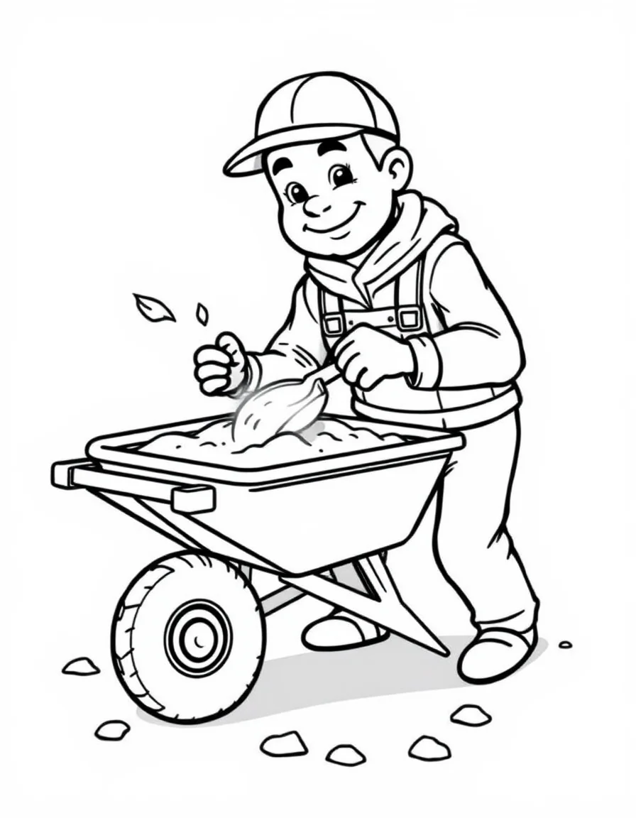 Coloriage Maçon - Maçon mélangeant le ciment, le sable et l'eau avec une pelle dans une brouette de chantier, dessin simple.