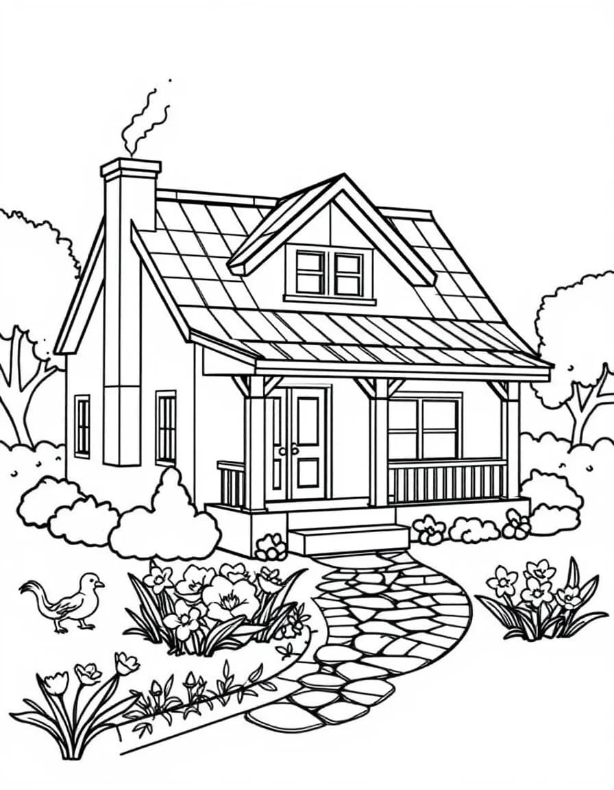 Coloriage Maison - Belle maison de famille avec toit pointu, cheminée fumante, perron d'entrée et allée fleurie, contours nets.