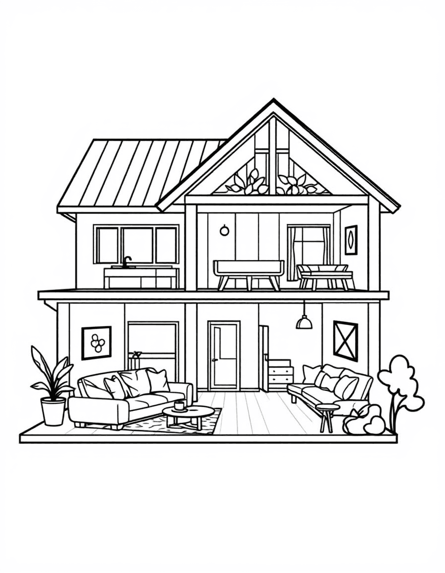Coloriage Maison - Vue en coupe d'une maison à deux étages dévoilant le salon, la cuisine, les chambres et le grenier, traits nets.