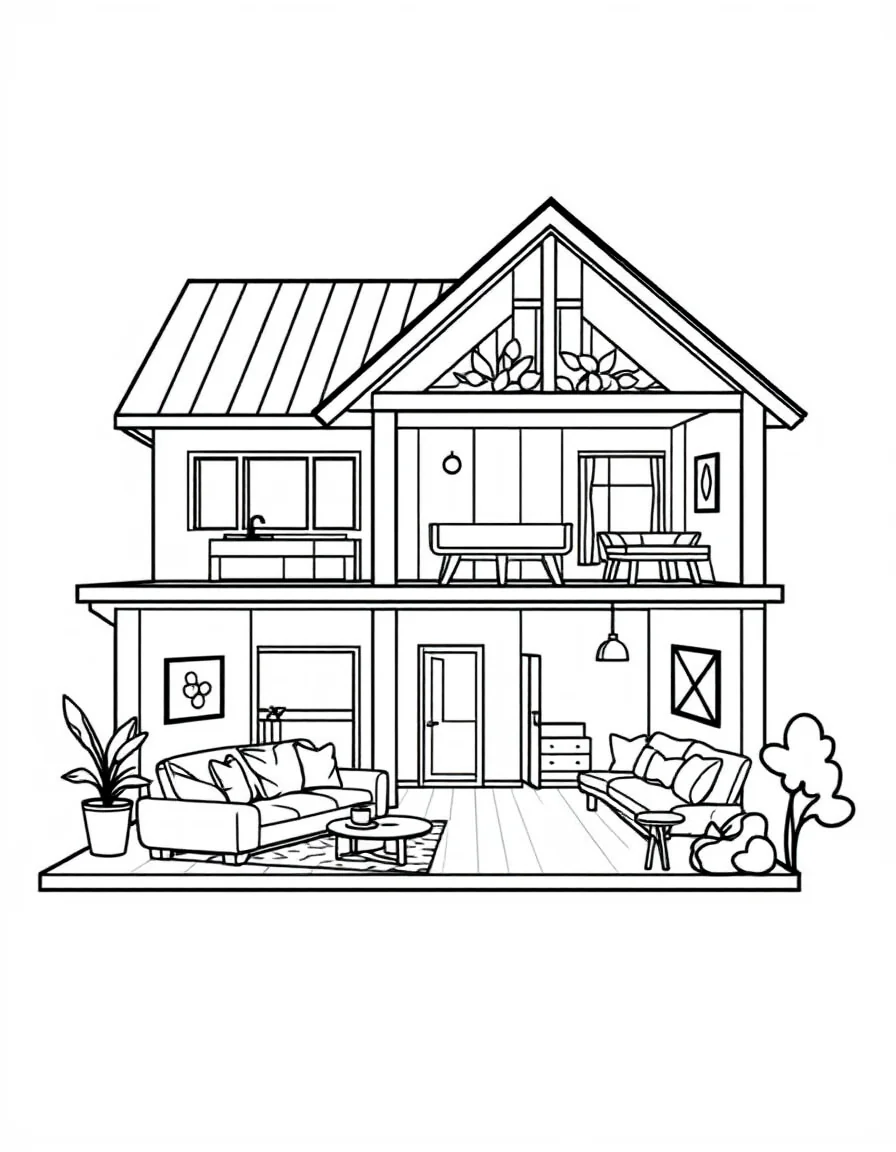Coloriage Maison - Vue en coupe d'une maison à deux étages dévoilant le salon, la cuisine, les chambres et le grenier, traits nets.