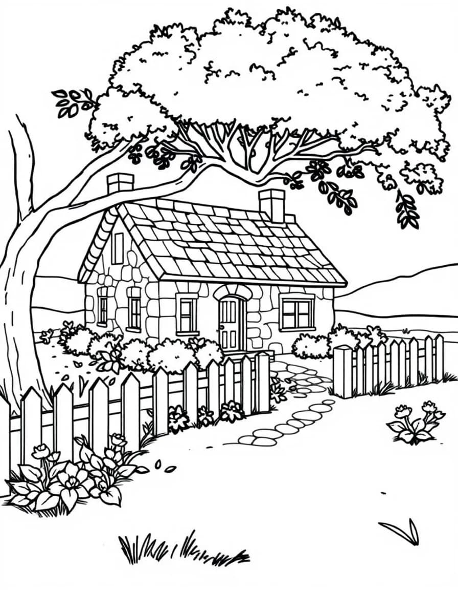 Coloriage Maison - Charmant cottage en pierre entouré d'une barrière blanche en bois, de fleurs et d'un bel arbre, dessin simple.