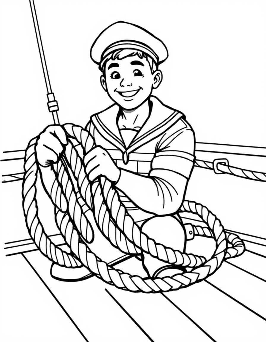 Coloriage Marin - Marin souriant en marinière rayée et bonnet marin enroulant un gros cordage sur le pont du bateau, contours nets.