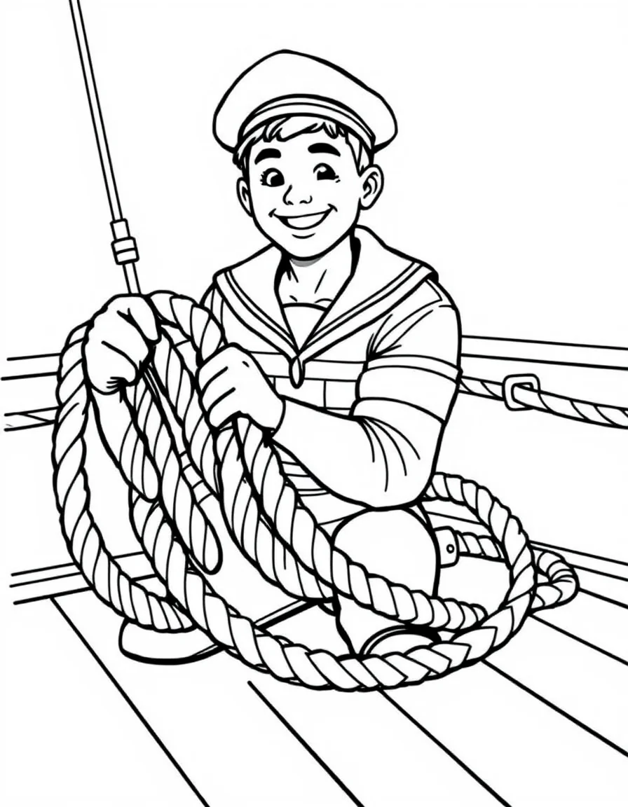 Coloriage Marin - Marin souriant en marinière rayée et bonnet marin enroulant un gros cordage sur le pont du bateau, contours nets.