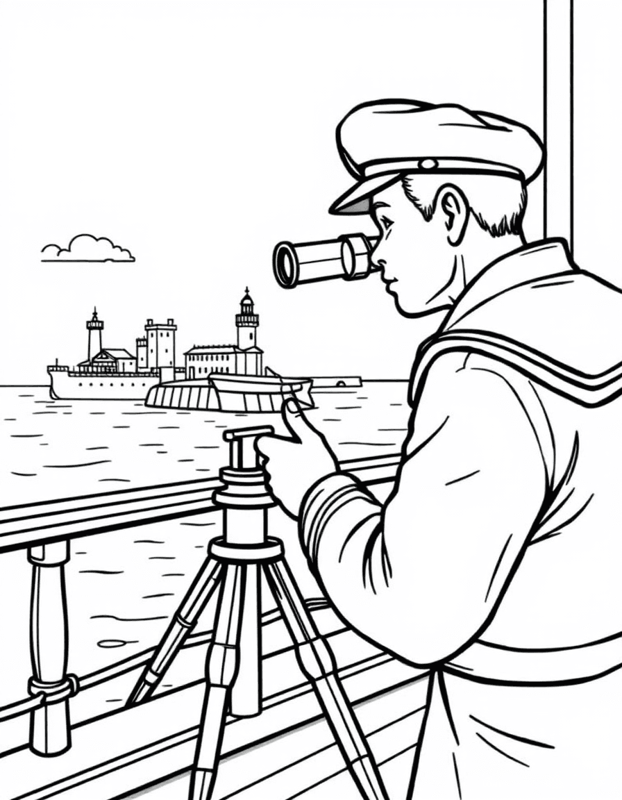 Coloriage Marin - Marin observant l'horizon à travers sa longue-vue depuis la proue du navire à la recherche d'un phare, traits nets.