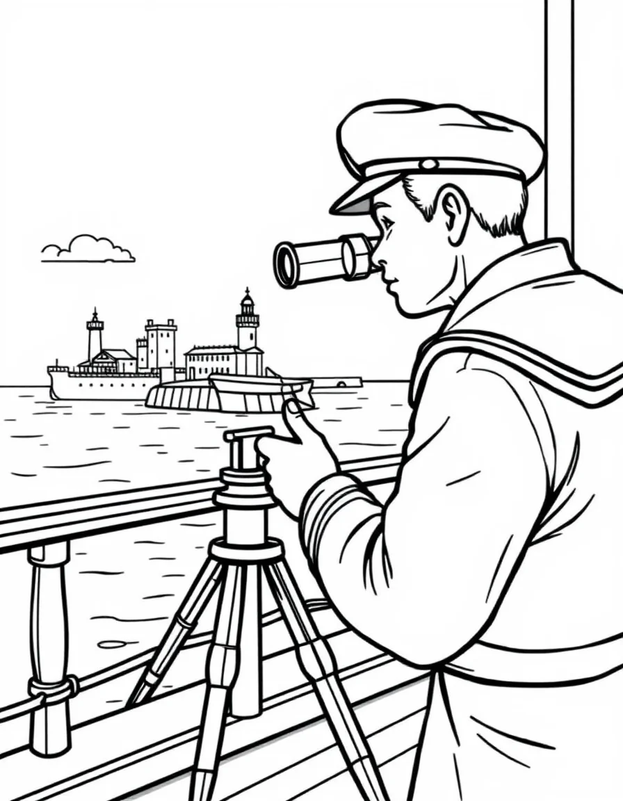 Coloriage Marin - Marin observant l'horizon à travers sa longue-vue depuis la proue du navire à la recherche d'un phare, traits nets.