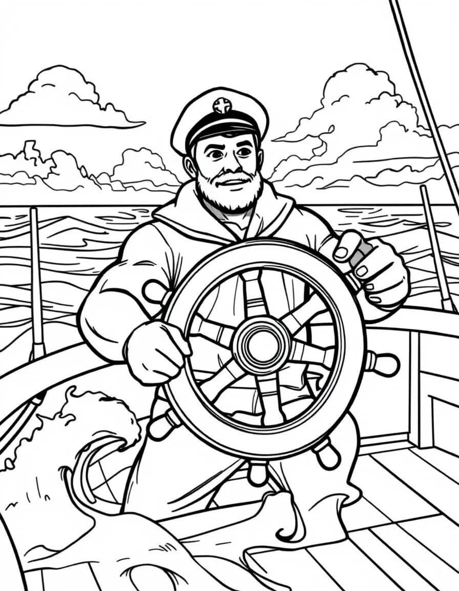 Coloriage Marin - Marin tenant fermement la grande barre en bois du navire pour guider le bateau sur les vagues, dessin simple.