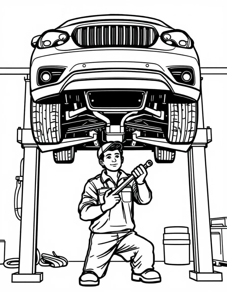 Coloriage Mécanicien - Mécanicien travaillant sous une voiture montée sur le pont élévateur du garage avec une clé à cliquet, traits nets.