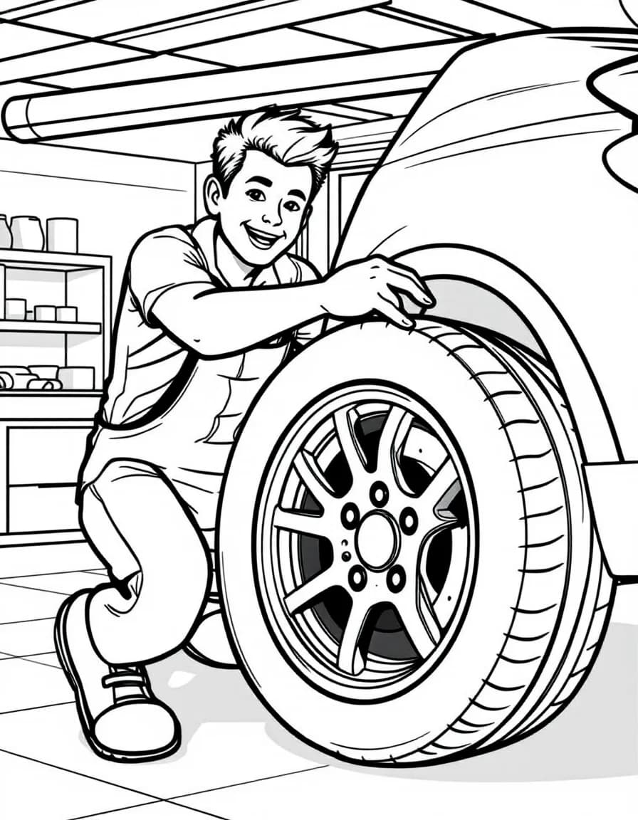 Coloriage Mécanicien - Mécanicien changeant une roue de voiture en faisant rouler un pneu neuf vers l'essieu dans le garage, dessin simple.