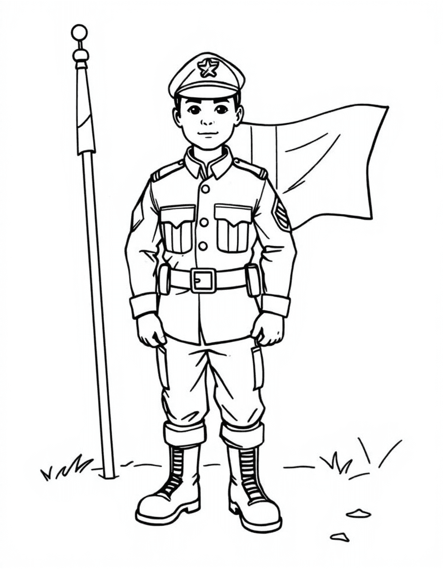 Coloriage Militaire - Soldat courageux au garde-à-vous en uniforme impeccable avec béret et bottes devant le drapeau, contours nets.