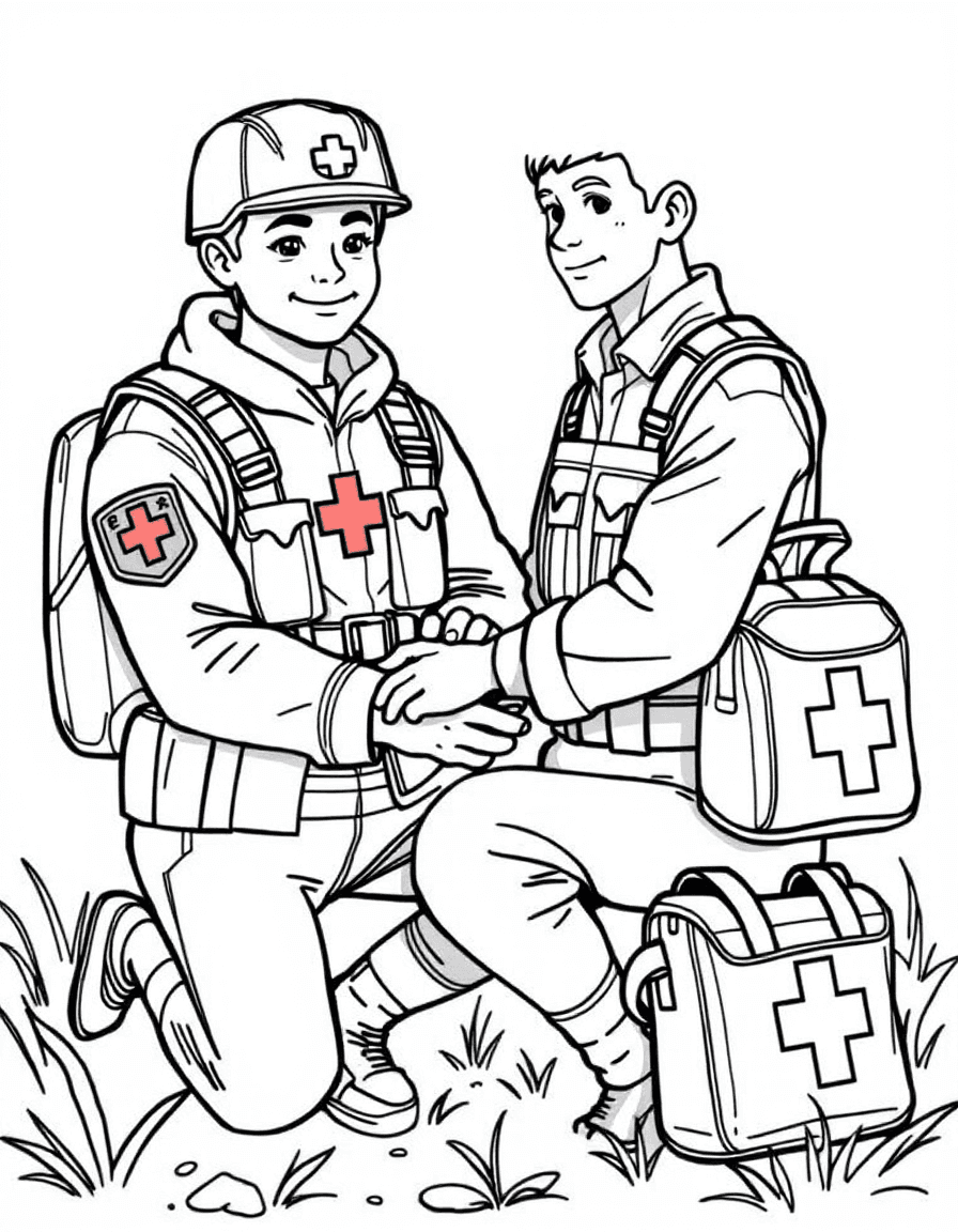 Coloriage Militaire - Infirmier militaire soignant la main d'un camarade avec sa trousse de secours à croix rouge, dessin simple.