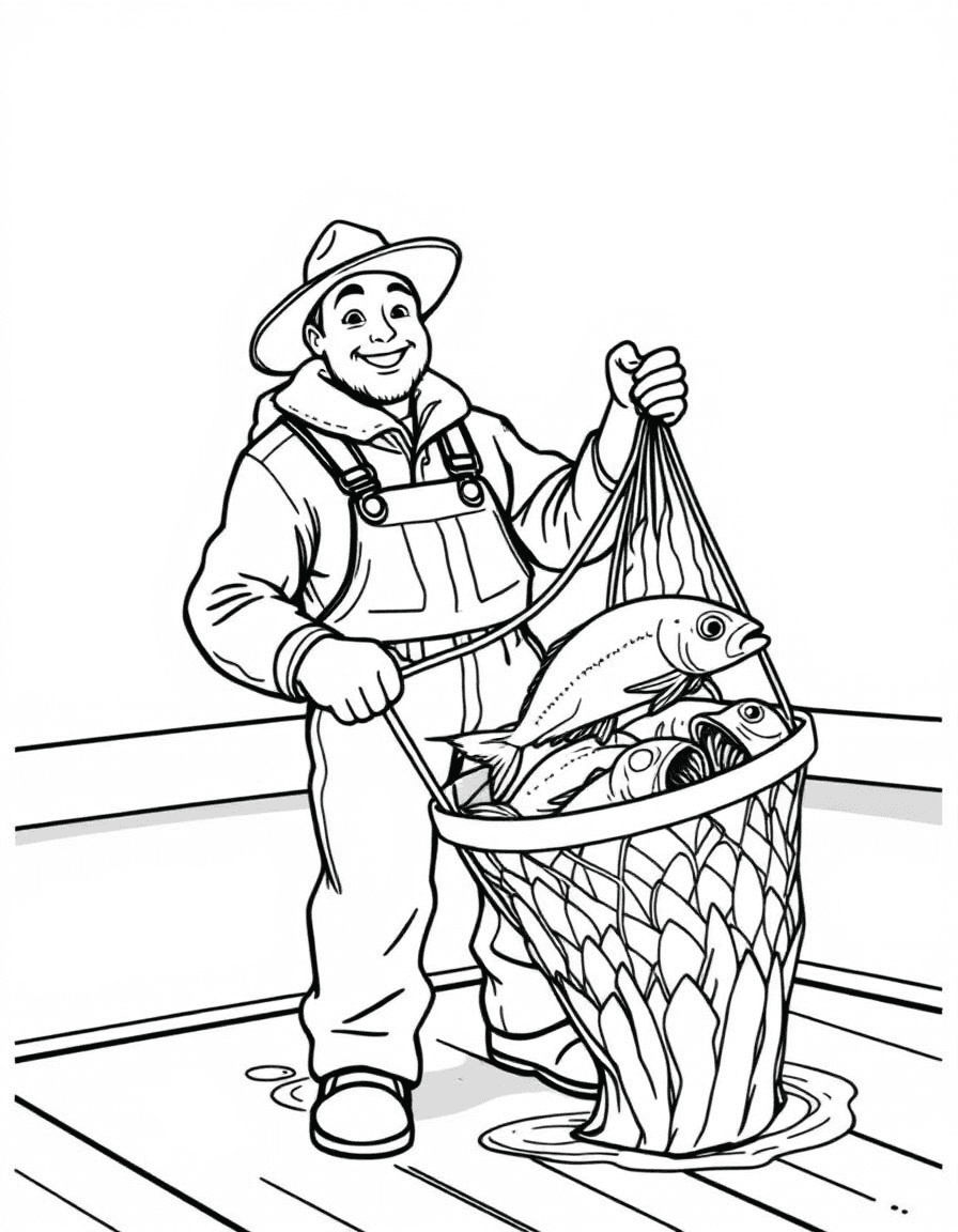 Coloriage Pêcheur - Pêcheur souriant en ciré jaune et suroît remontant un filet garni de poissons sur le pont de son chalutier, contours nets.