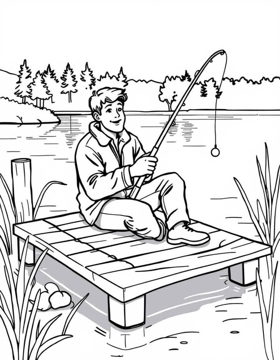 Coloriage Pêcheur - Pêcheur assis sur un ponton de bois tenant sa canne à pêche avec un bouchon flottant sur le lac calme, traits nets.