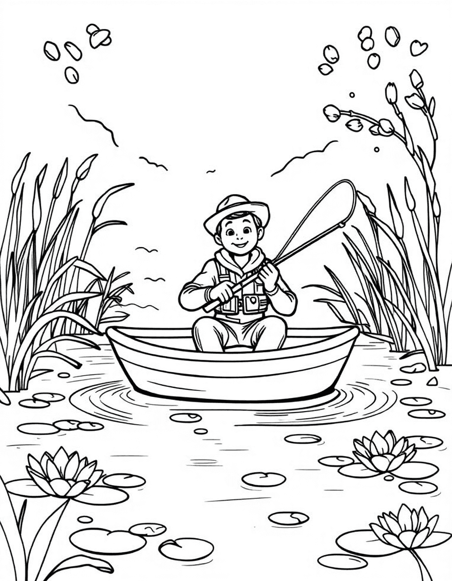 Coloriage Pêcheur - Pêcheur en barque de bois lançant sa ligne au milieu des roseaux et des nénuphars sur une rivière paisible, dessin simple.