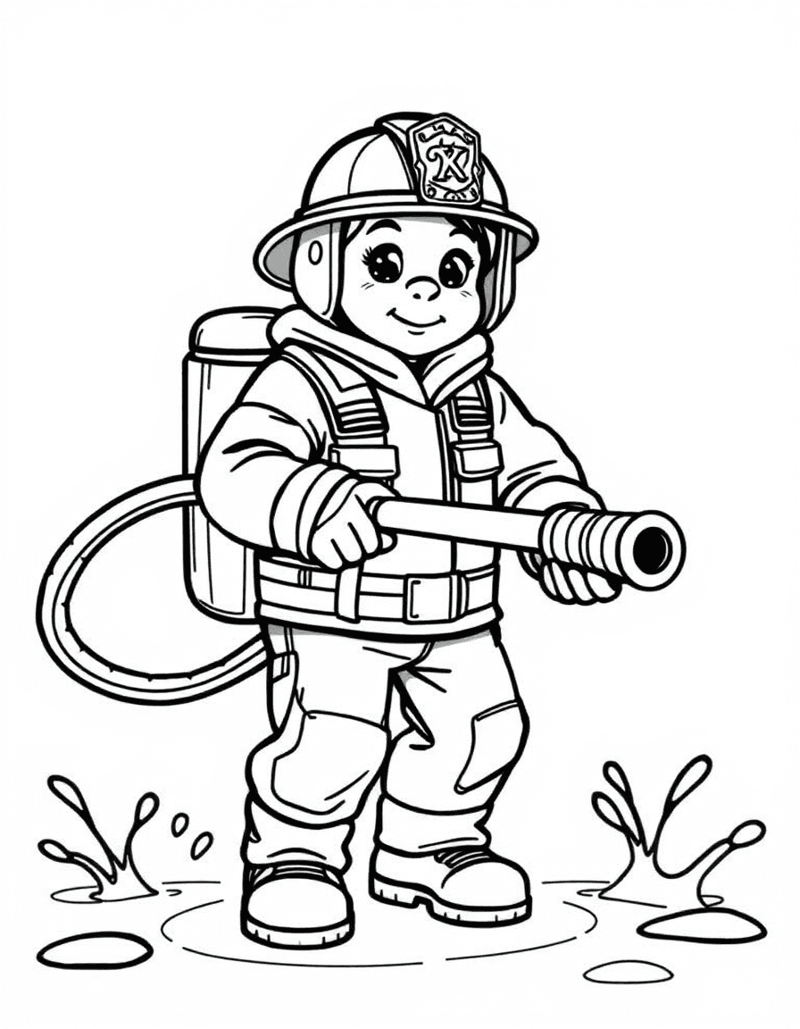 Coloriage Pompier - Pompier courageux en tenue de protection et casque tenant une lance d'incendie projetant de l'eau, contours nets.